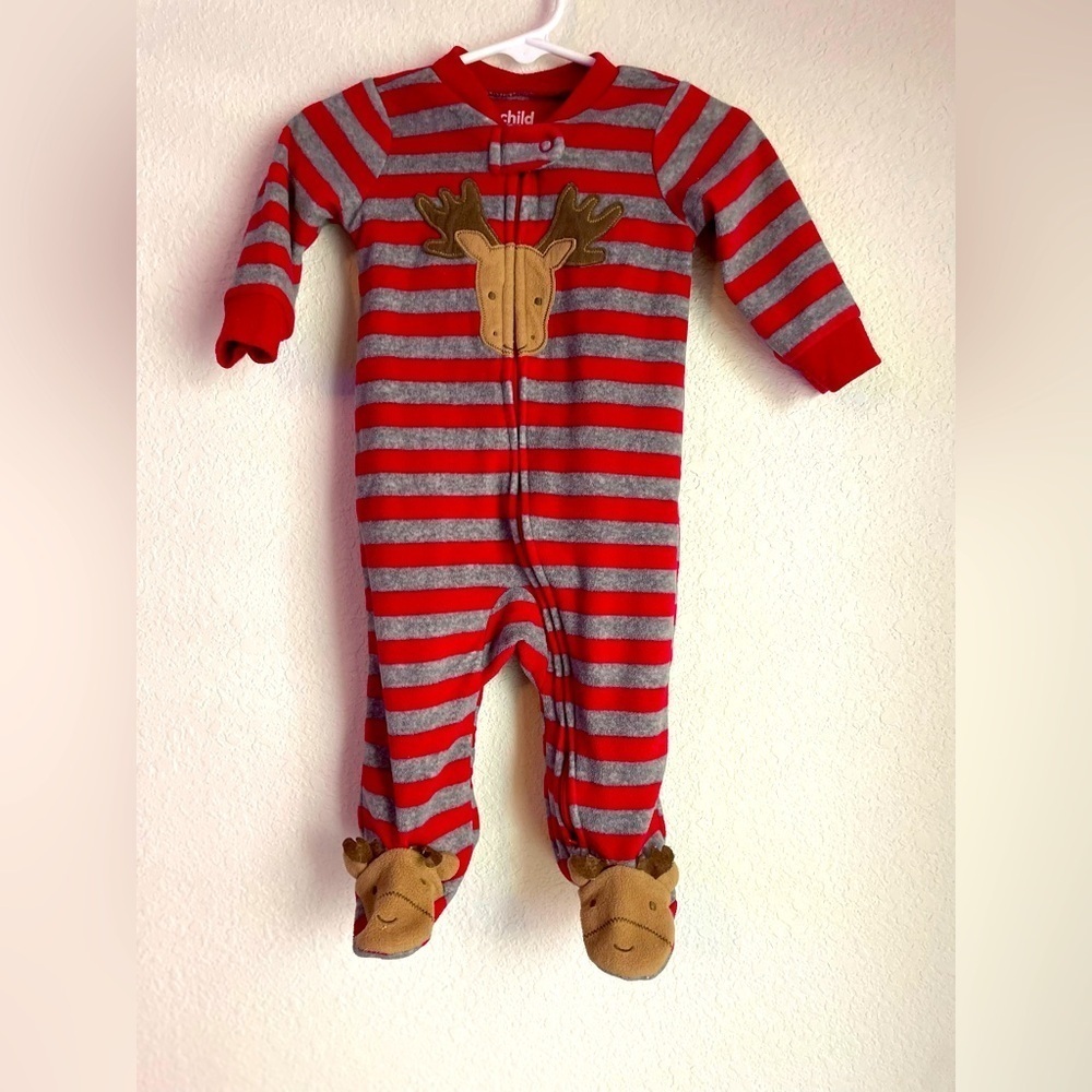Carter's Fleece Warm and Cozy Red and Gray Striped Footie with Moose size 3/6M
